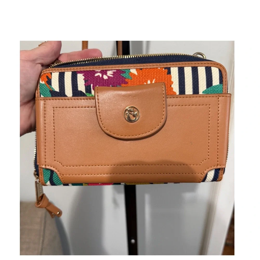 Spartina 449 Crossbody Wallet Floral Stripe Small Tan Good Canvas Mermaid Logo - Picture 4 of 12